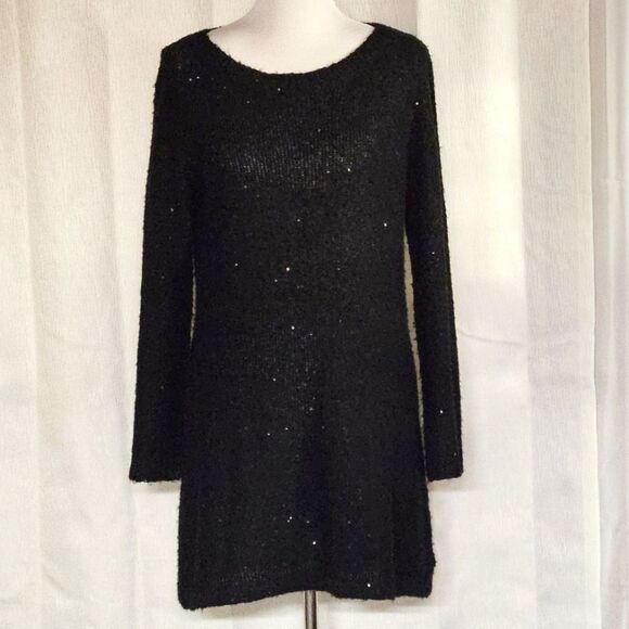 Anne Klein Knit Black Bouclé Sequin Sparkle Long Sleeve Scoop Neck Sweater Dress - Picture 2 of 10
